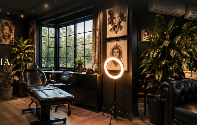 Sala de tatuagem com janelas e luz quente