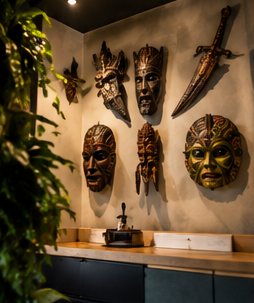 Parede com máscaras e peças artísticas