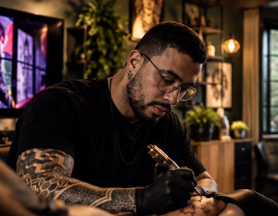 Mateus Santos tatuando em seu estúdio em Gramado